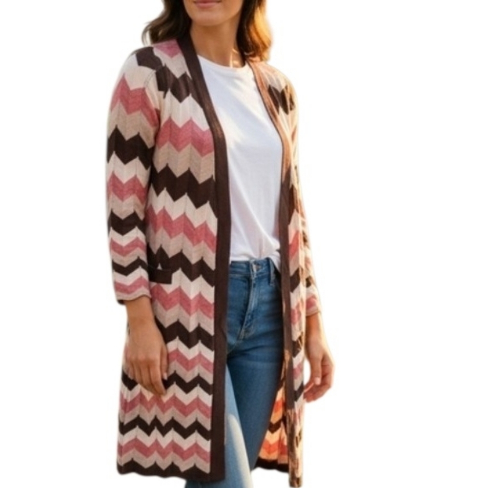 BCBGMaxAzria Chevron Open-Front Cardigan in Pink, Cream & Brown